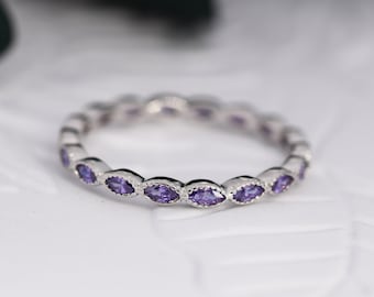 Amethyst Purple Marquise CZ Infinity Ring in Sterling Silver,  Skinny Marquise Ring US 5 - 8