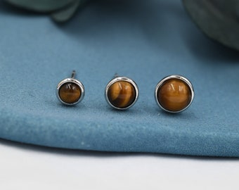 Genuine Tiger's  Eye Stud Earrings in Sterling Silver, 4mm, 5mm and 6mm, Cabochon Bezel Stud Earrings, Tiger Eye Stone