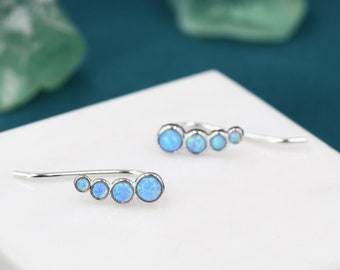 Blue Opal Cluster Crawler Earrings in Sterling Silver, Opal Ear Climbers, Silver or Gold, Lab Opal Earrings
