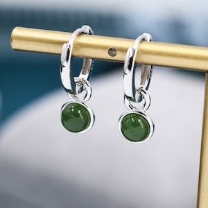 Sterling Silver Dangling Jade Hoop Earrings, Detachable Genuine Green Jade Coin Charm Dangle Hoop Earrings, Silver or Gold, Interchangeable zdjęcie 1