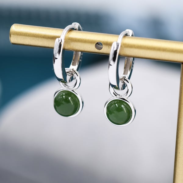 Sterling Silver Dangling Jade Hoop Earrings, Detachable Genuine Green Jade Coin Charm Dangle Hoop Earrings, Silver or Gold, Interchangeable