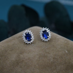 Sapphire Blue CZ Stud Earrings in Sterling Silver, Blue Oval Crystal Stud Earrings, September Birthstone zdjęcie 1