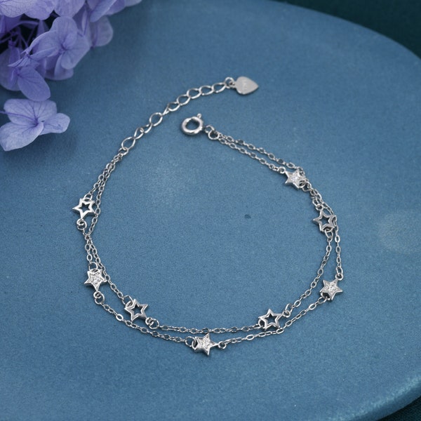 Bracelet étoile double couche en argent sterling, bracelet étoile flottante, bracelet étoile argentée, bracelet étoile minuscule, bracelet étoile coeur