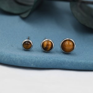 Genuine Tiger's  Eye Stud Earrings in Sterling Silver, 4mm, 5mm and 6mm, Cabochon Bezel Stud Earrings, Tiger Eye Stone