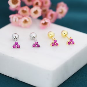 Tiny Three CZ Pink Screw Back Earrings in Sterling Silver with Ruby Pink CZs, Simple and Minimalist, Geometric and Discreet, Pink Screwback