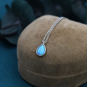 Blue Opal Droplet Pendant Necklace in Sterling Silver, Lab Opal Necklace,  Pear Shape Opal Necklace, Fire Opal Necklace