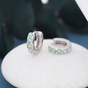 Mystic Green Opal Huggie Hoop Earrings in Sterling Silver, Silver or Gold, Lab Opal Hoops