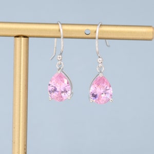 Tourmaline Pink Pear Cut CZ Drop Earrings in Sterling Silver, Silver or Gold, Pink Droplet Dangle Earrings