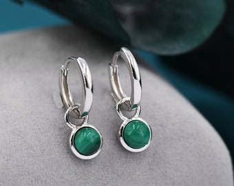 Sterling Silver Dangling Malachite Hoop Earrings, Detachable Green Malachite Coin Dangle Hoop Earrings, Silver or Gold, Interchangeable