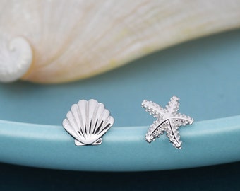 Aretes diminutos de concha marina y estrella de mar no coincidentes en plata de ley, plata, oro u oro rosa, concha asimétrica y aretes de estrella de mar