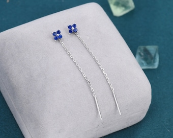 Sapphire Blue Hydrangea Flower CZ Threader Earrings in Sterling Silver, Silver or Gold, Four Dot Crystal Ear Threaders, Flower CZ Earrings