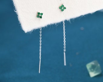 Emerald Green Hydrangea Flower CZ Threader Earrings in Sterling Silver, Silver or Gold, Four Dot Crystal Ear Threaders, Flower CZ Earrings