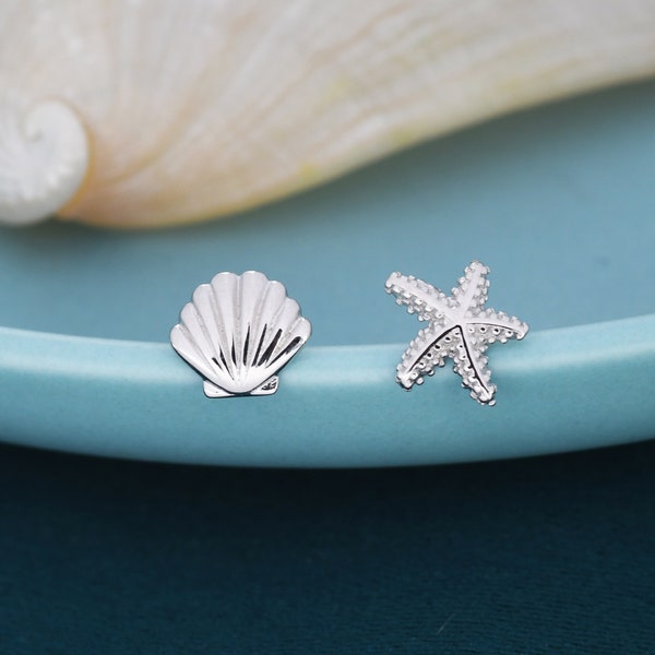 Mismatched Tiny Seashell and Starfish Stud Earrings in Sterling Silver, Silver, Gold or Rose Gold, Asymmetric Shell and Sea Star Earrings