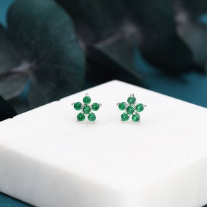 Pair of Emerald Green CZ Flower Stud Earrings in Sterling Silver, Silver or Gold, Crystal Flower Earrings, Stacking Earrings