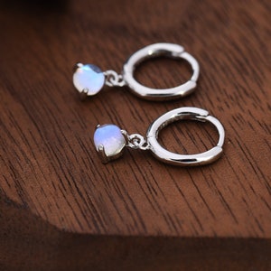 Sterling Silver 4mm Moonstone Hoop Earrings, Lab Moonstone Dangle Hoop Earrings, Silver or Gold