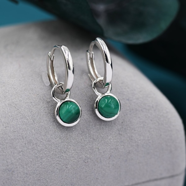 Sterling Silver Dangling Malachite Hoop Earrings, Detachable Green Malachite Coin Dangle Hoop Earrings, Silver or Gold, Interchangeable