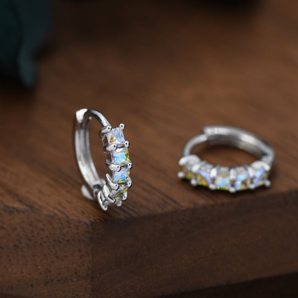 Aurora CZ Huggie Hoops in Sterling Silver, 8mm Mystic Colour AB Crystals Hoops, Silver or Gold, Dainty Lab Moonstone Hoops Earrings