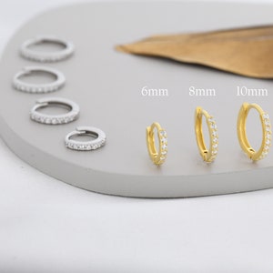 Skinny CZ Huggie Hoops in Sterling Silver, Silver or Gold, Minimalist Hoop Earrings, 6mm, 7mm, 8mm Hoops, cartilage hoops, image 1