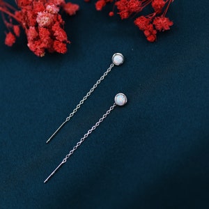Fire Opal Dot Threader Earrings in Sterling Silver, Lab Opal Ear Threaders, Silver or Gold, Opal Threaders, Chain Earrings