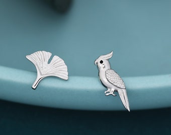 Mismatched Parrot and Ginkgo Leaf Stud Earrings in Sterling Silver, Asymmetric Bird and  Leaf Earrings