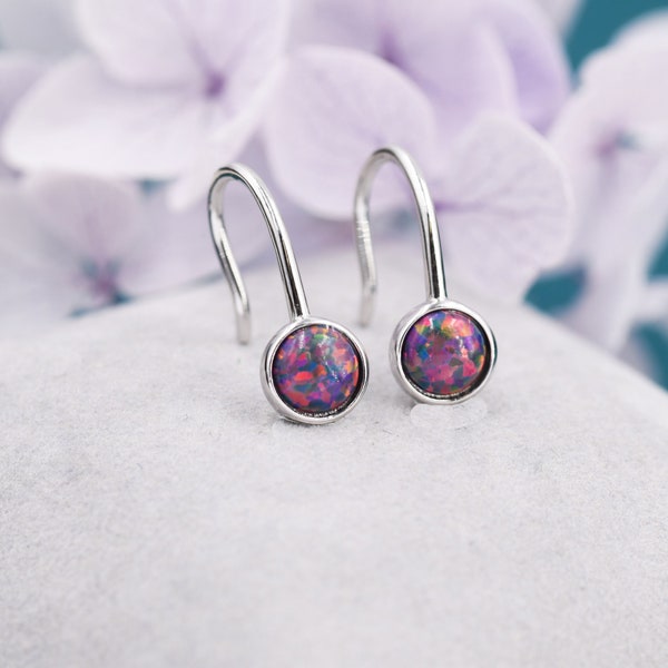Sterling Silver Purple Opal Drop Earrings in Sterling Silver, Round Purple Opal Hook Earrings, Delicate Opal Earrings, Lab Opal