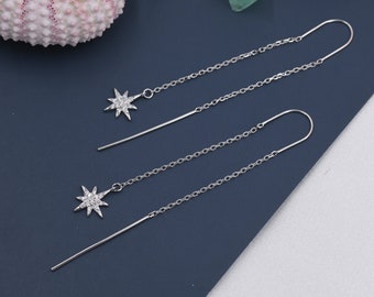 Starburst Threader Earrings in Sterling Silver, North Star U Shape Ear Threaders, Silver, Gold or Rose Gold, Star Threaders, Long Threaders