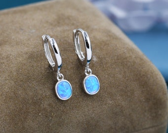 Sterling Silver Dangling Oval  Blue Opal Hoop Earrings,  Blue Opal Charm Dangle Hoop Earrings, Silver or Gold