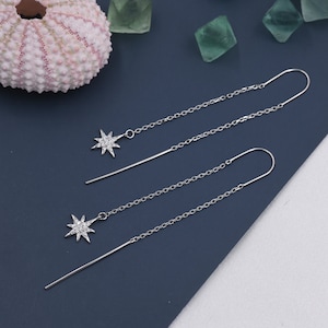 Starburst Threader Earrings in Sterling Silver, North Star U Shape Ear Threaders, Silver, Gold or Rose Gold, Star Threaders, Long Threaders