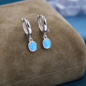 Sterling Silver Dangling Oval  Blue Opal Hoop Earrings,  Blue Opal Charm Dangle Hoop Earrings, Silver or Gold