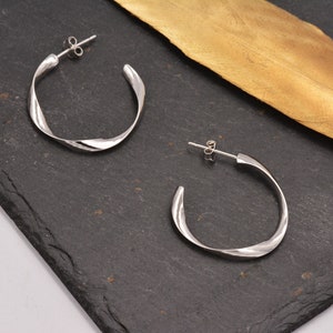 Twisted Strip Mobius Band Large Semi Hoop Stud Earrings in Sterling Silver, Silver or Gold or Rose Gold, Minimalist Contemporary Design