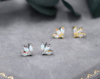 Mystic AB CZ Marquise Crown Stud Earrings in Sterling Silver, Silver or Gold, Colour Changing Aurora Cluster Earrings, CZ Cluster Earrings