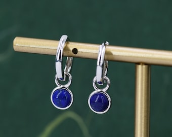 Sterling Silver Dangling Lapis Lazuli Hoop Earrings, Detachable Blue Lapis Coin Dangle Hoop Earrings, Interchangeable