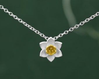 Collier à pendentif petite fleur jonquille en argent sterling avec placage en or 18 carats - Bijoux mignons et fantaisistes