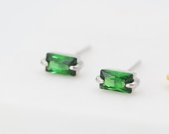 Tiny Baguette Cut Emerald Green CZ Stud Earrings in Sterling Silver, Silver or Gold, Cubic Zirconia Crystal Earrings