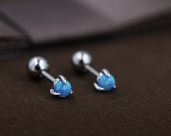 Blue Opal Screw back Earrings in Sterling Silver, Silver or Gold, Opal Three Prong Earrings,  Screwback Earrings, Opal Barbell Earrings