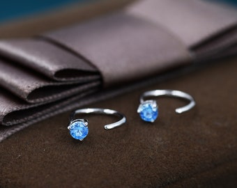 Aquamarine Blue CZ Crystal Huggie Hoop Earrings in Sterling Silver, 3mm Three Prong,  Pull Through Open Hoops, March Birthstone