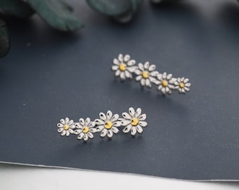 Boucles d'oreilles Daisy Flower Crawler en argent sterling, finition bicolore, chaîne marguerite, boucles d'oreilles fleur, grimpeurs d'oreille