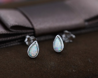 Tiny Opal Droplet Stud Earrings in Sterling Silver, Silver or Gold, Opal Drop Stud,