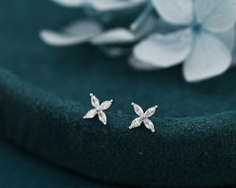 Four Marquise Flower Stud Earrings in Sterling Silver, CZ Flower Earrings, Silver, Gold or Rose Gold, Two Sizes Available