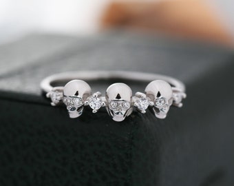 Sterling Silver Triple Skull Ring, Silver Skull Ring, Tiny Skull Ring, US 5-8, Skeleton Ring