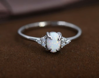 White Opal and CZ Oval Ring in Sterling Silver, US 5 - 8, Vintage Inspired, 4x6mm, Lab Opal Stone Ring, Fire Opal Ring