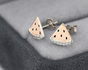 Watermelon Stud Earrings in Sterling Silver, Rose Gold Over Silver, Fruit Earrings, Melon Earrings