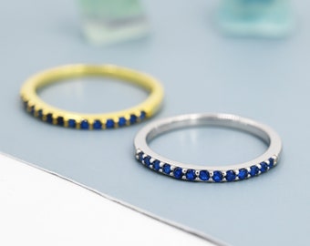 Sapphire Blue Half Eternity Ring in Sterling Silver, Silver or Gold, Blue Sapphire CZ Skinny Ring, Minimalist Stacking Ring US 5 - 8
