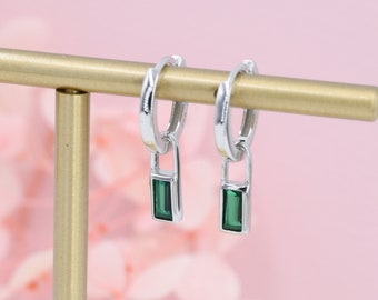 Emerald Green Baguette CZ Huggie Hoop in Sterling Silver, Silver or Gold, CZ Minimalist Hoop Earrings, Detachable and Interchangeable