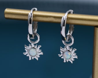 White Opal Sun Dangle Huggie Hoop Earrings in Sterling Silver, Silver or Gold,  Sun Earrings, Celestial Earrings, Detachable Fire Opal Sun