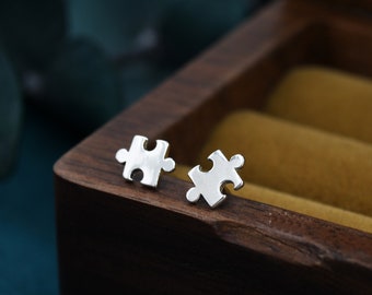 Small Jigsaw Stud Earrings in Sterling Silver, Silver Jigsaw Piece Earrings