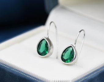 Sterling Silver Emerald Green Droplet Drop Earrings in Sterling Silver, Silver or Gold, Chunky Pear Shape Hook Earrings