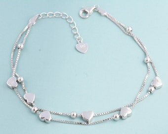 Heart Charm Bracelet in Sterling Silver, Solid Sterling Silver Heart Bracelet, Double Layer Heart Bracelet