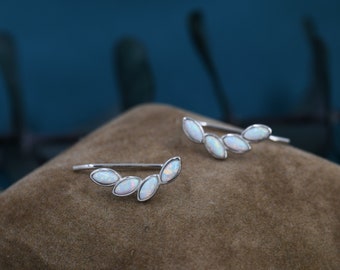 White Opal Marquise Crawler Earrings in Sterling Silver, Marquise Cluster Ear Climbers, Silver, Gold or Rose Gold, Lab Opal Earrings