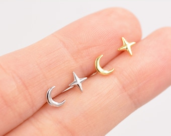 Mismatched Four Point Star and Moon Stud Earrings in Sterling Silver, Crescent Moon Celestial Stud, Polished or Textured, Gold or Silver